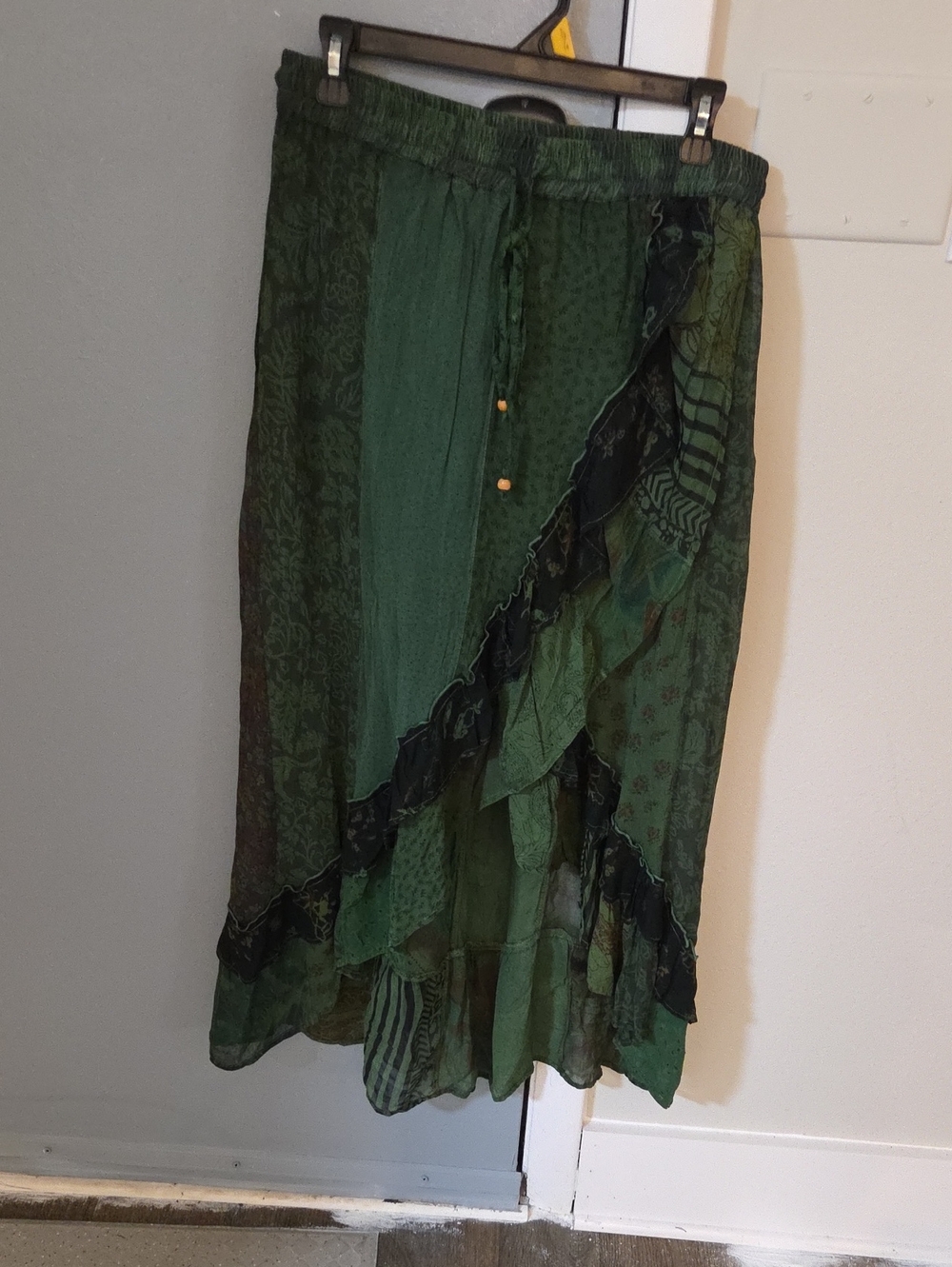 Polyester maxi skirt, Young Threads, tiered ruffle design in dark green